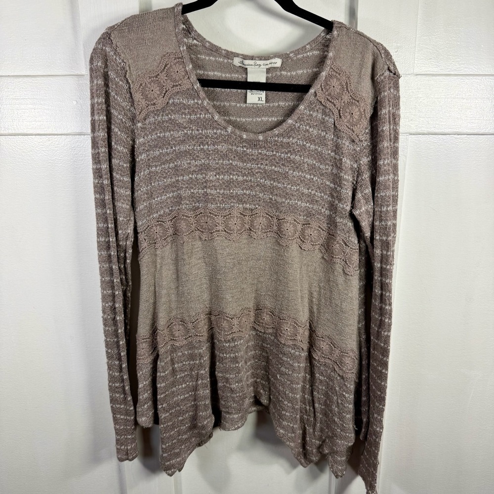 American Rag Knit Sweater Beige White Stripe‎ Lace Detail V Neck Long Sleeve XL